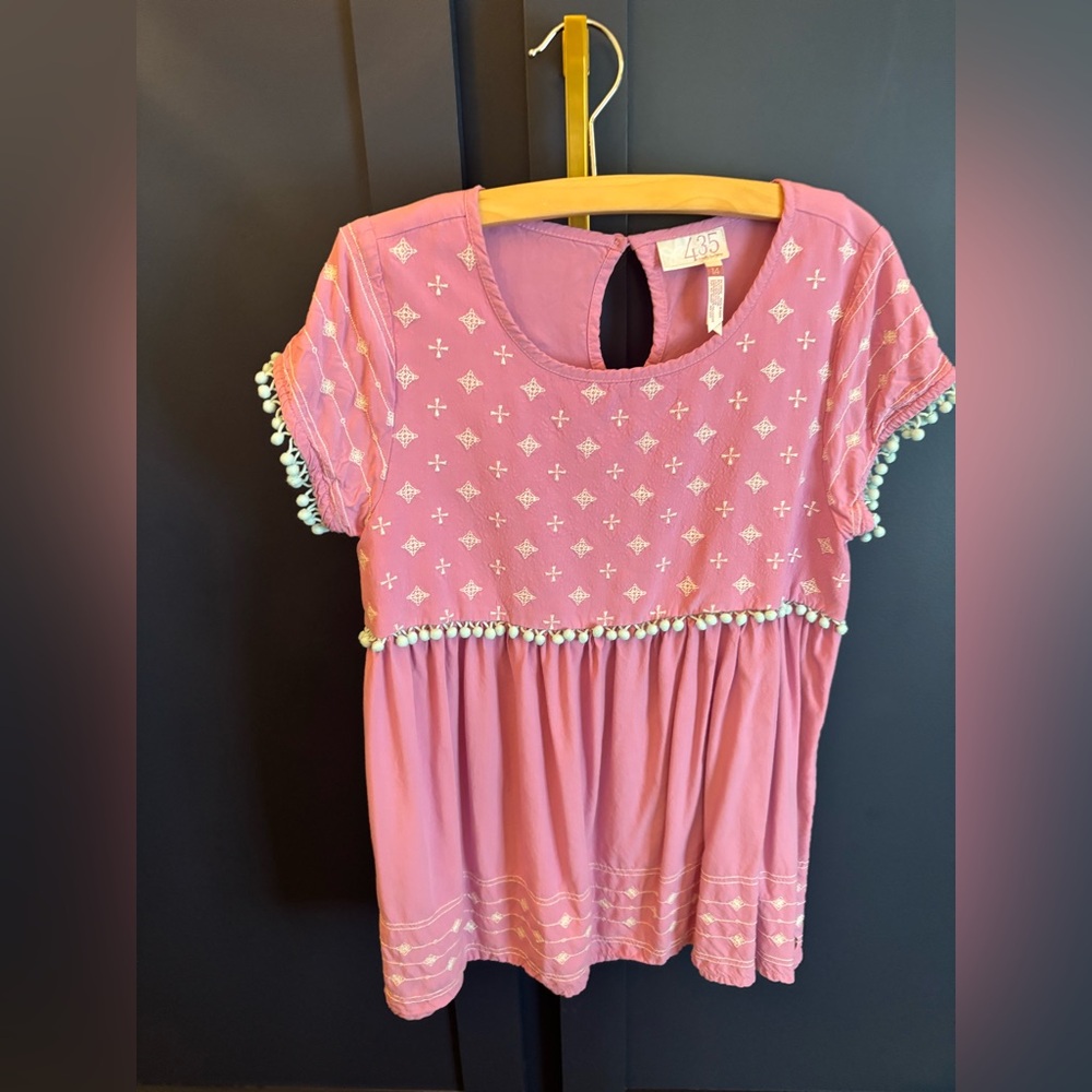 Pink Short Sleeve Embroidered Pom-Trim Tunic
